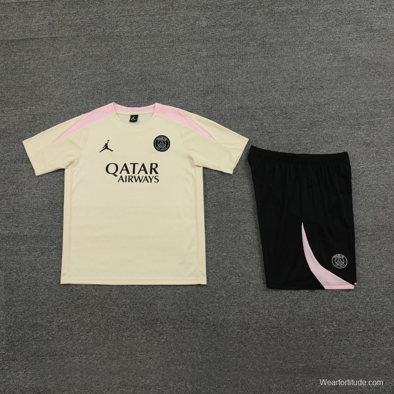 23/24 PSG Beige/Pink Cotton Short Sleeve Jersey+Shorts