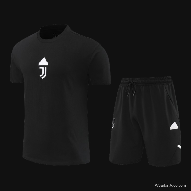 23/24 Juventus Black Cotton Short Sleeve Jersey+Shorts